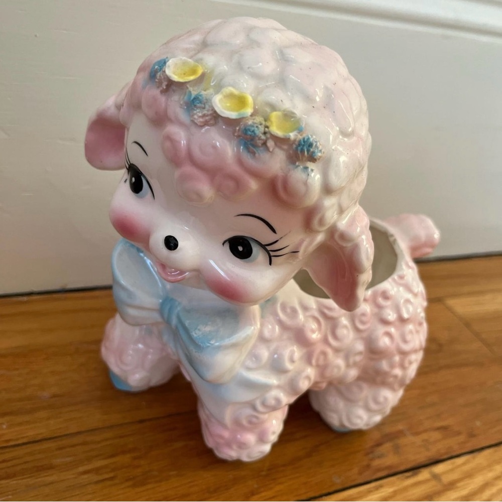 Vintage Ceramic Lamb Planter with Bow